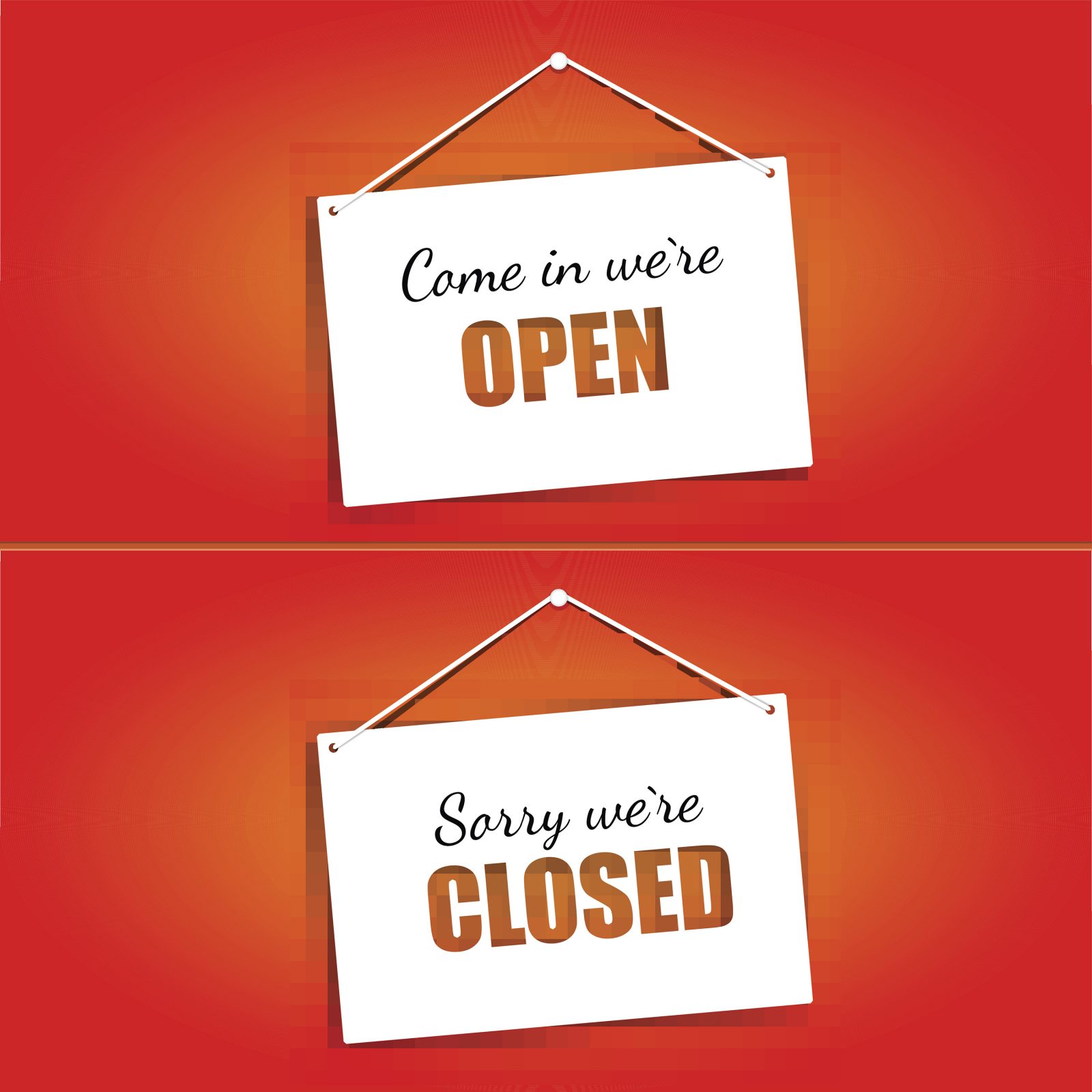 Open and closed signs in red letters on white hanging signs against a red background