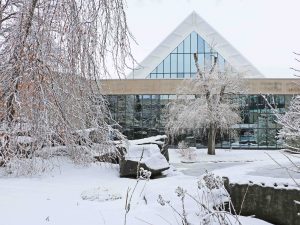 A photograph showing the Brock campus with snow on the ground in the winter weather.