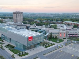 An aerial photo of Brock University's main campus.