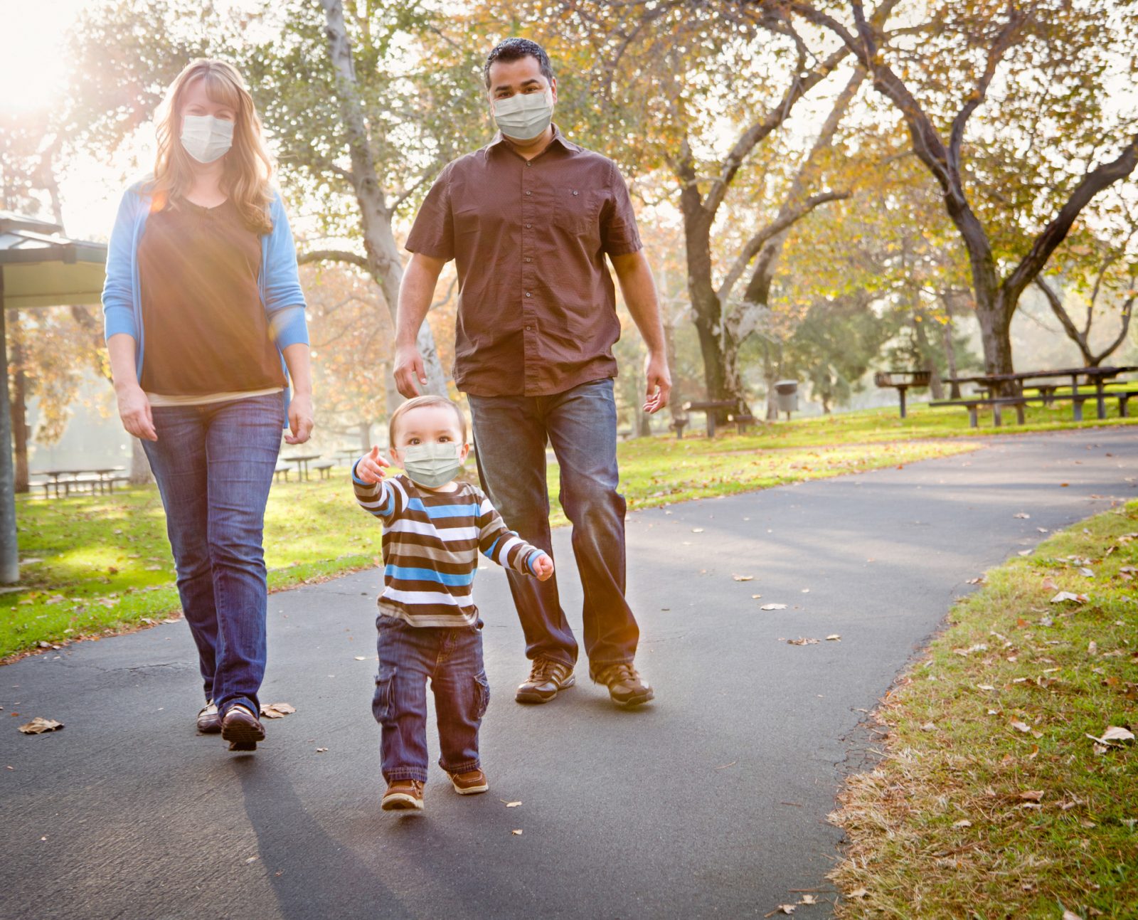 Family walking with masks