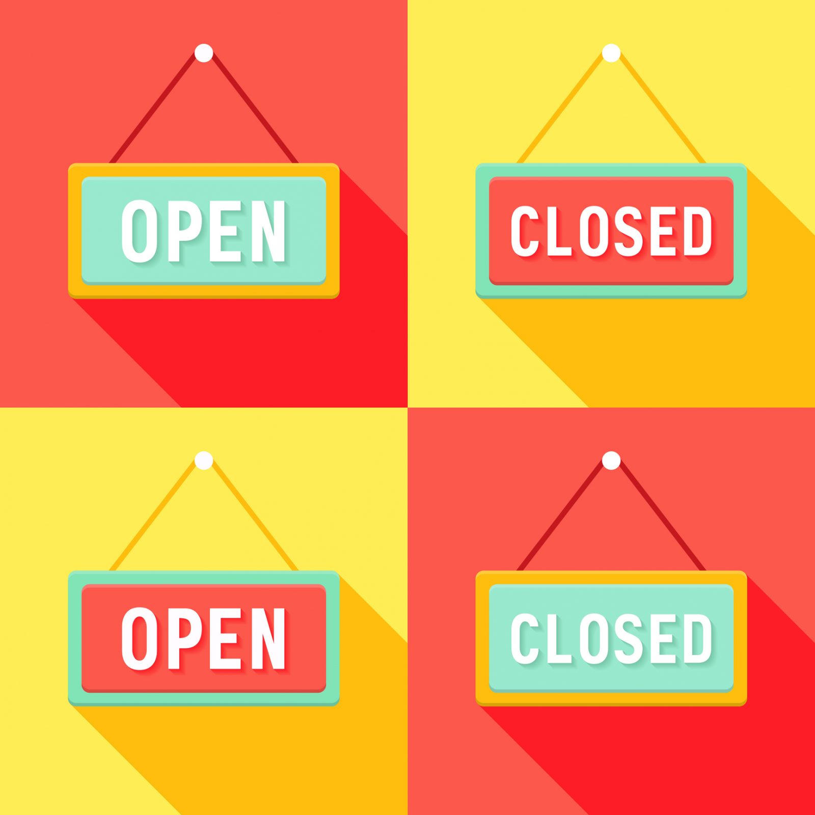 A series of four green and red open and closed signs in front of red and yellow backgrounds.