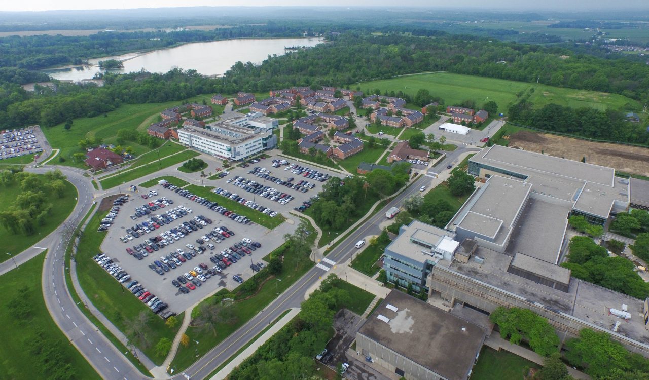 An aerial image of campus