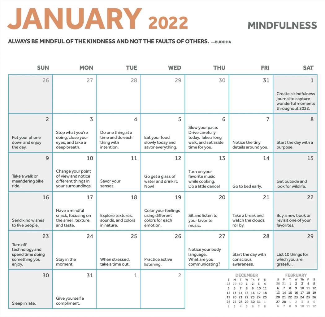 Kindness Calendar 2022 January Kindness Calendar Focuses On Mindfulness – The Brock News