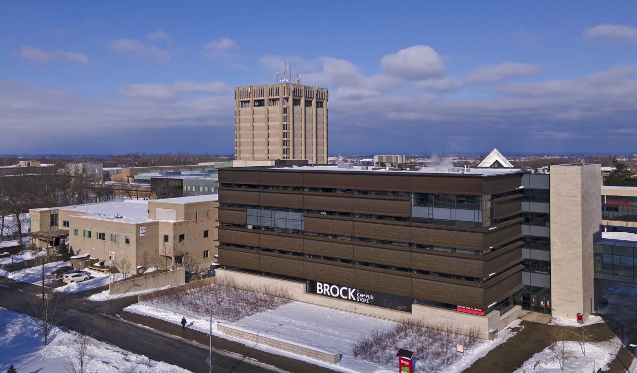 An aerial photo of Brock University in the winter.