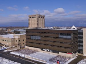 An aerial photo of Brock University in the winter.