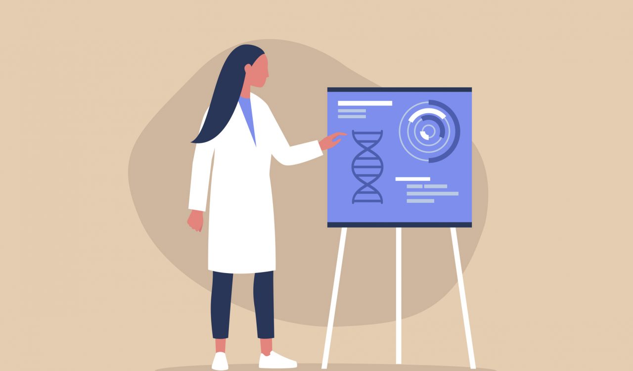 Graphic of a female researcher pointing to a flip board