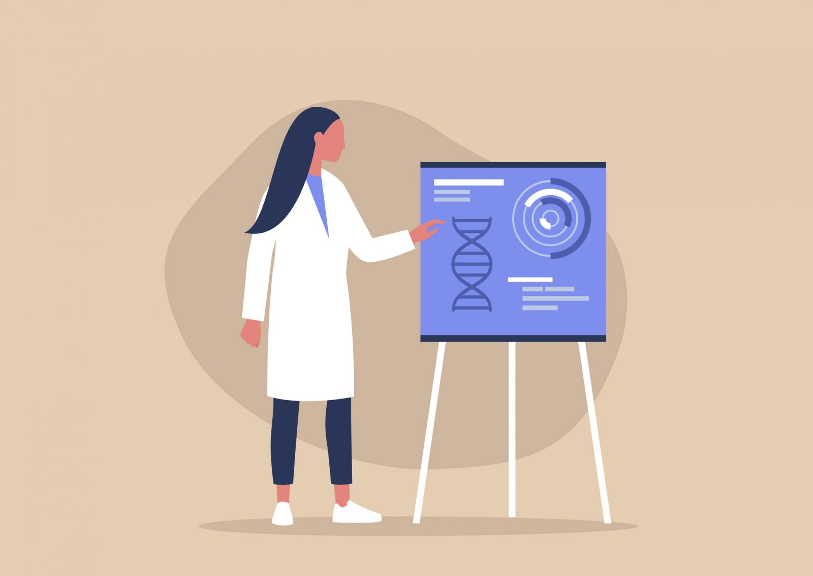 Graphic of a female researcher pointing to a flip board