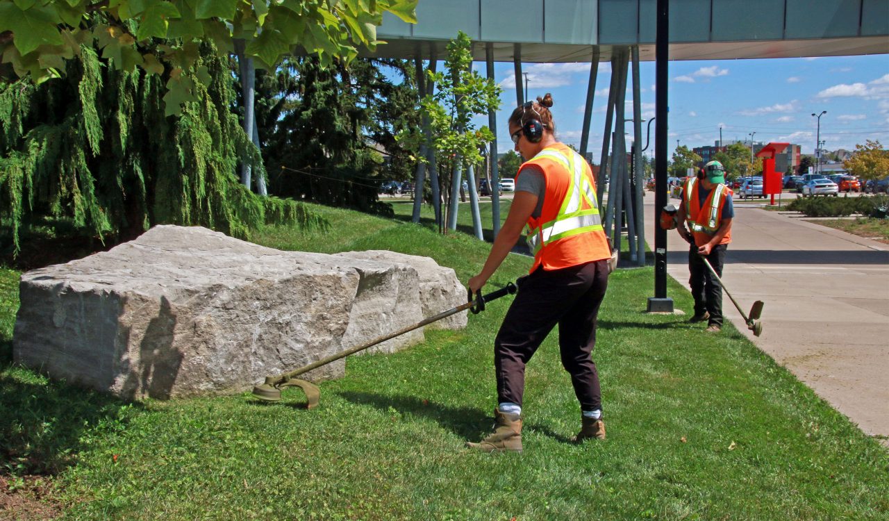 Two Brock University students use lawncare equipment to edge a sidewalk and large decorative rock near Brock's Mackenzie Chown Complex. The students are wearing orange reflective vests, black plants, brown steel-toed boots and protective earmuffs.