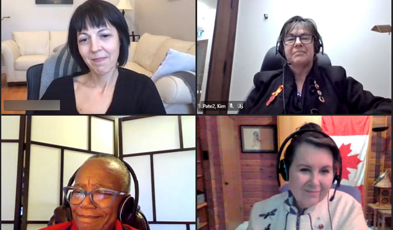 A screenshot of four female participants in an online meeting from their respective offices