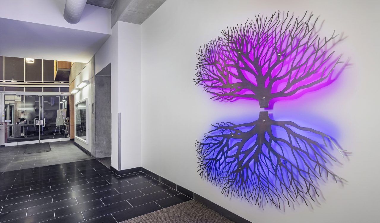 A stainless steel sculpture of a tree and its reflection, back-lit and illuminated purple on top and blue on the bottom, sits mounted on a white wall in an office entry way with concrete ceilings leading towards glass doors leading into the building.