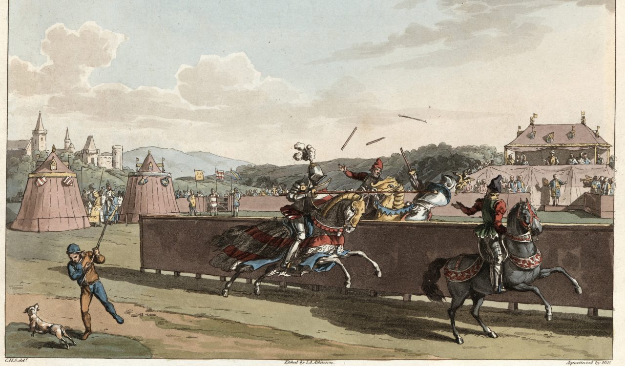 Illustration of a Medieval tournament with knights jousting and a referee on horseback judging the hit.