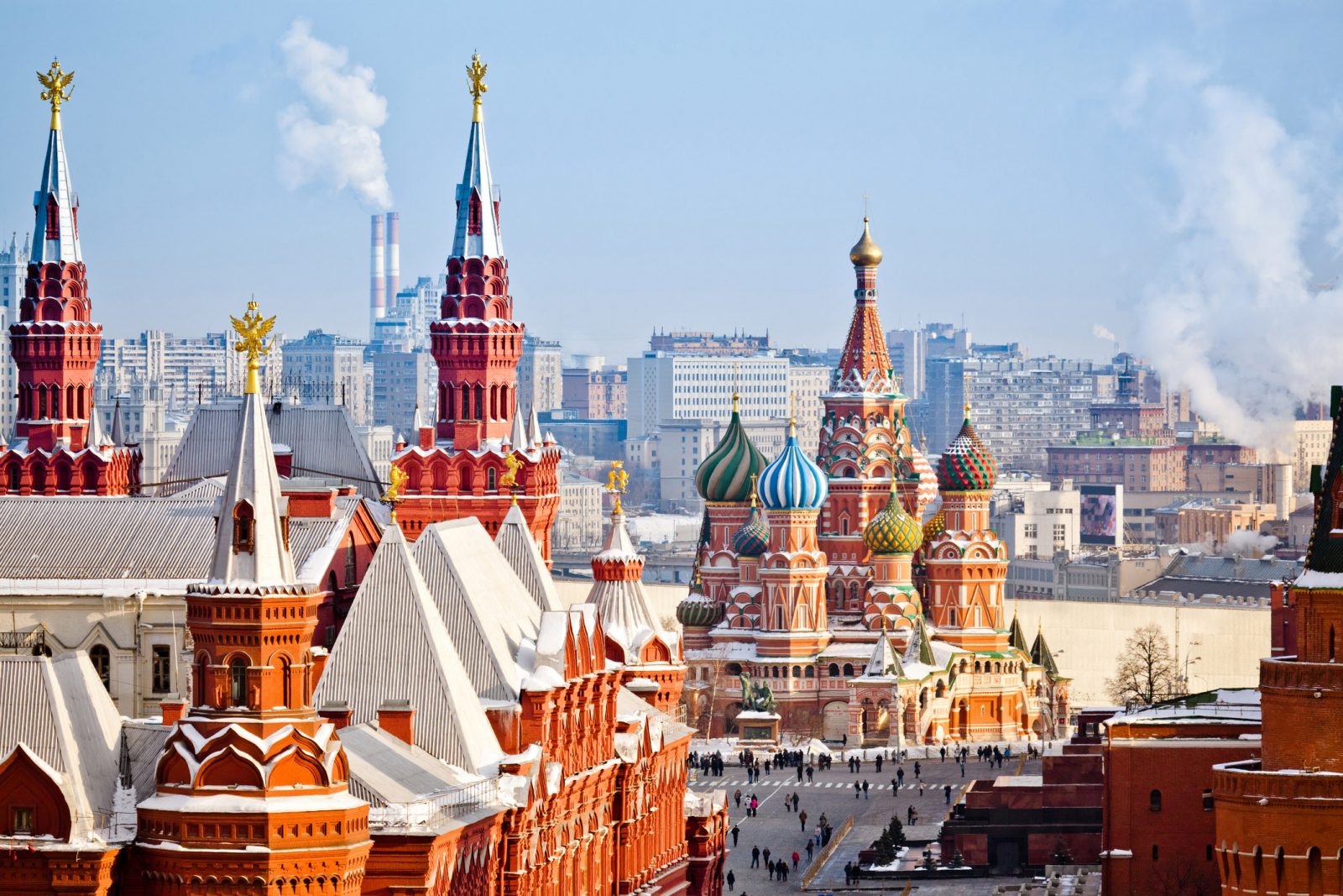 A rooftop view of the elaborate, ornamental buildings in Moscow, Russia.
