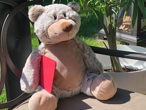 A brown teddy bear holding a red envelope is seated on a chair outside.