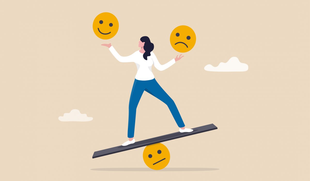 An illustration of a person balancing a yellow smiley face in one hand and a yellow frowning face in the other hand. She stands on a long board that is balancing on a yellow face with a neutral expression.