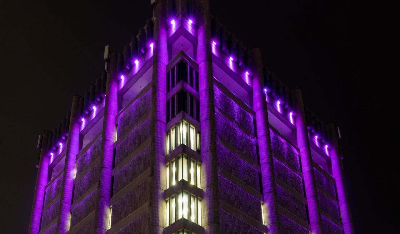 Brock University’s Schmon tower is illuminated in purple lights against a nighttime background.