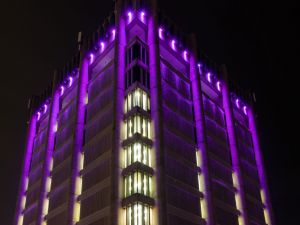 Brock University’s Schmon tower is illuminated in purple lights against a nighttime background.