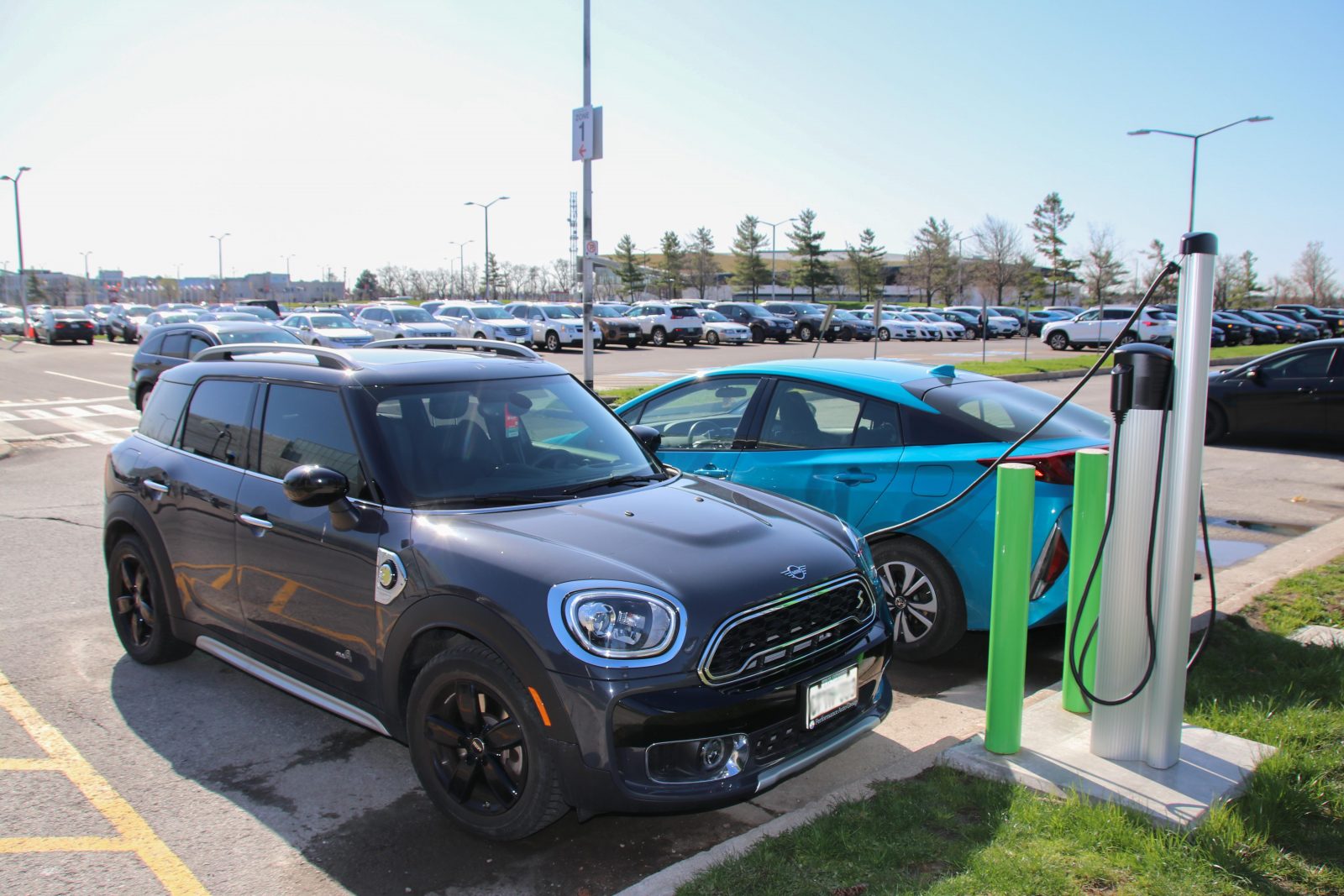 Two cars sit plugged into an electric vehicle charging station in front of a parking lot full of additional cars.