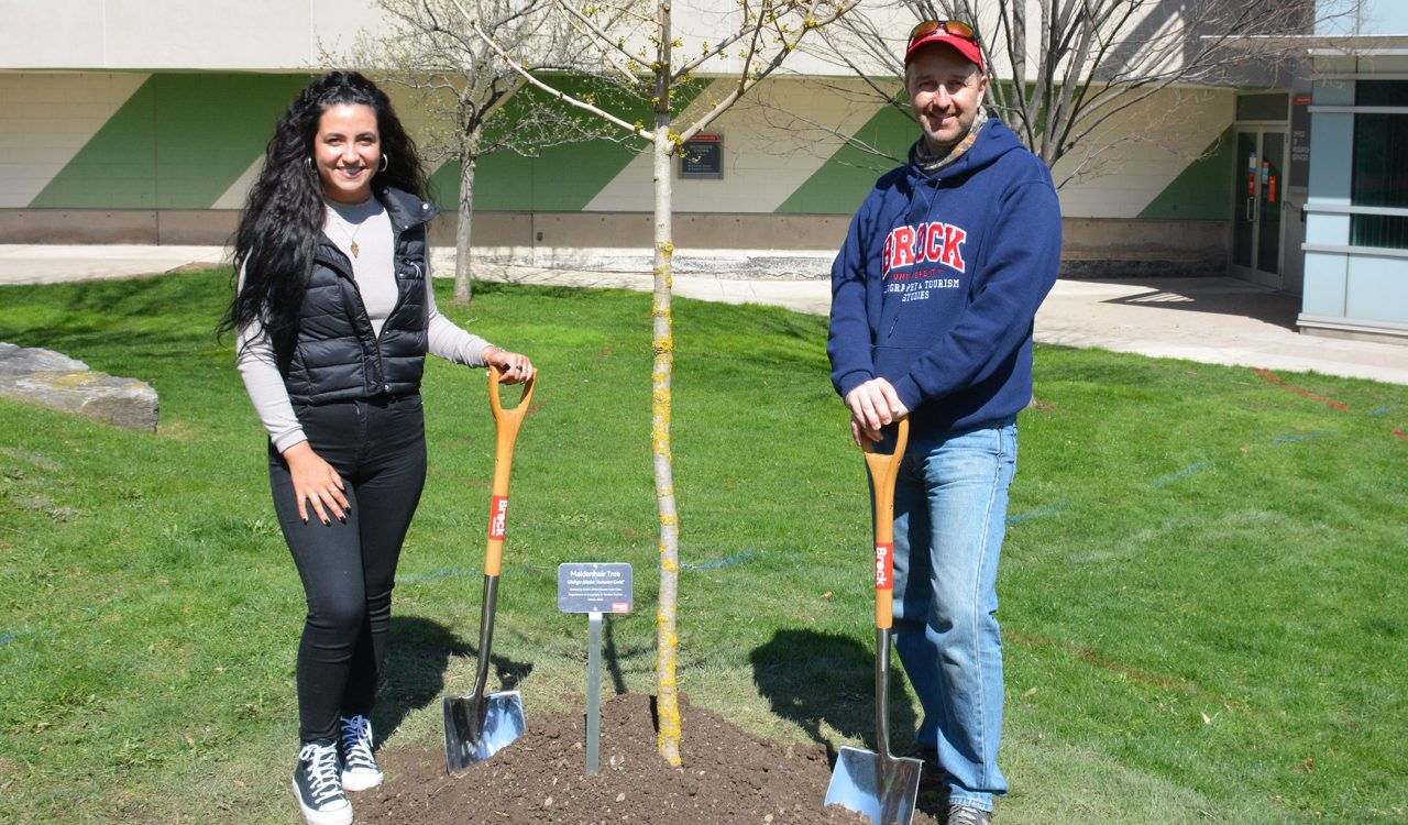 A woman in a black vest and a man in a blue sweatshirt stand on either side of a newly planted tree