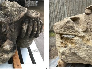 A side-by-side comparison of a stone torso before and after a deep cleaning. The image on the left shows the stone with black dirt or residue on it. The image on the right shows the stone with no black dirt on it.