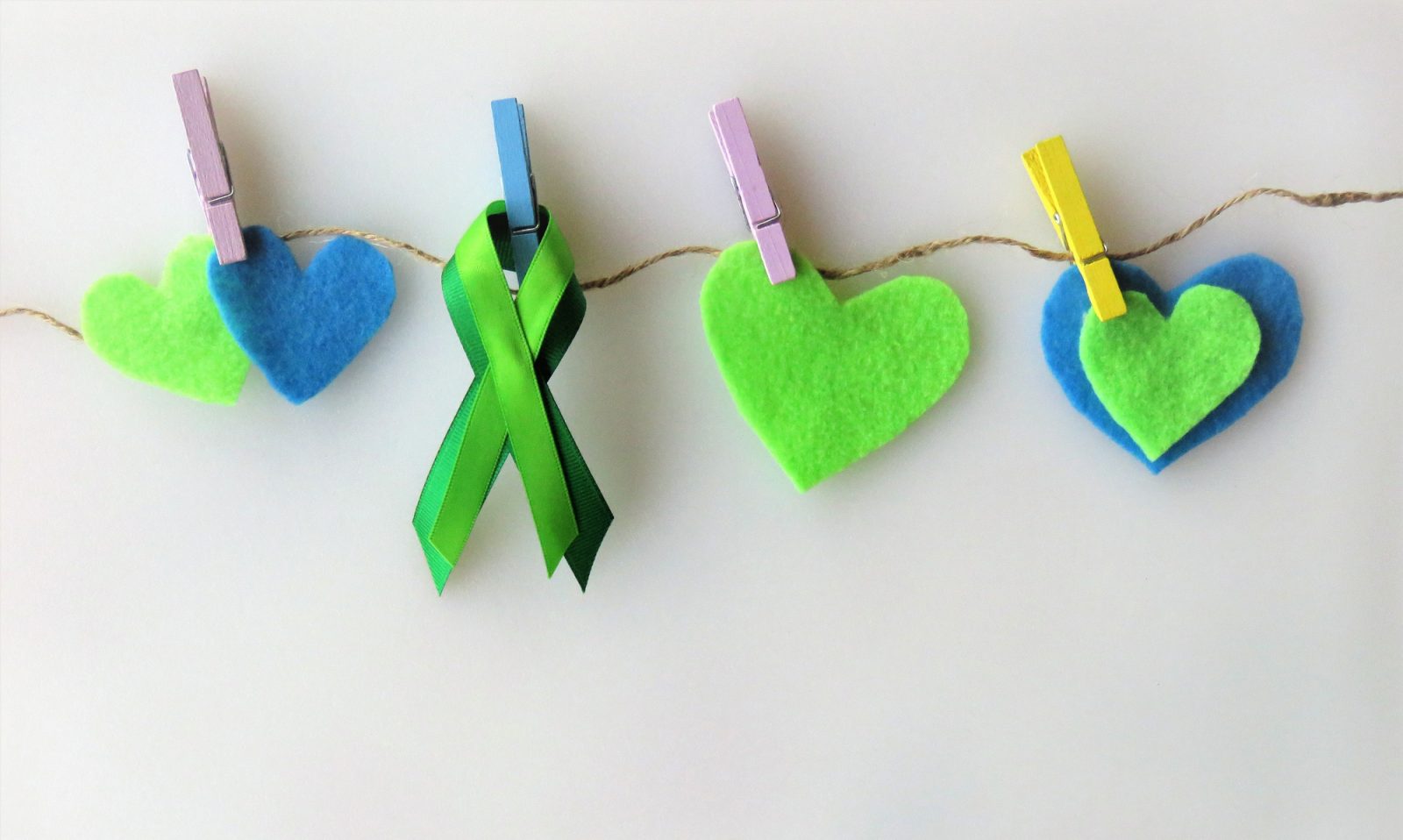 Green and blue felt hearts and green awareness ribbons are attached to a line of twine with colourful clothes pins.