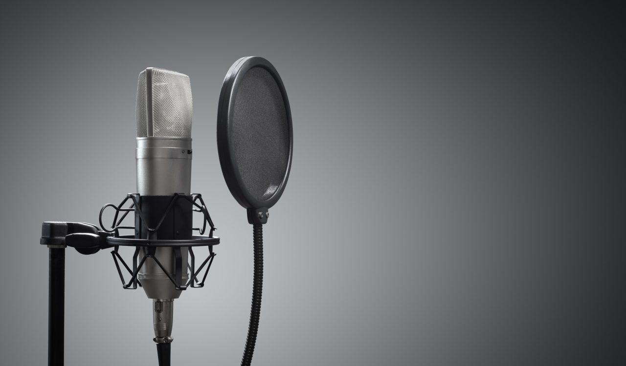 A studio microphone and pop shield on a mic stand against grey background.
