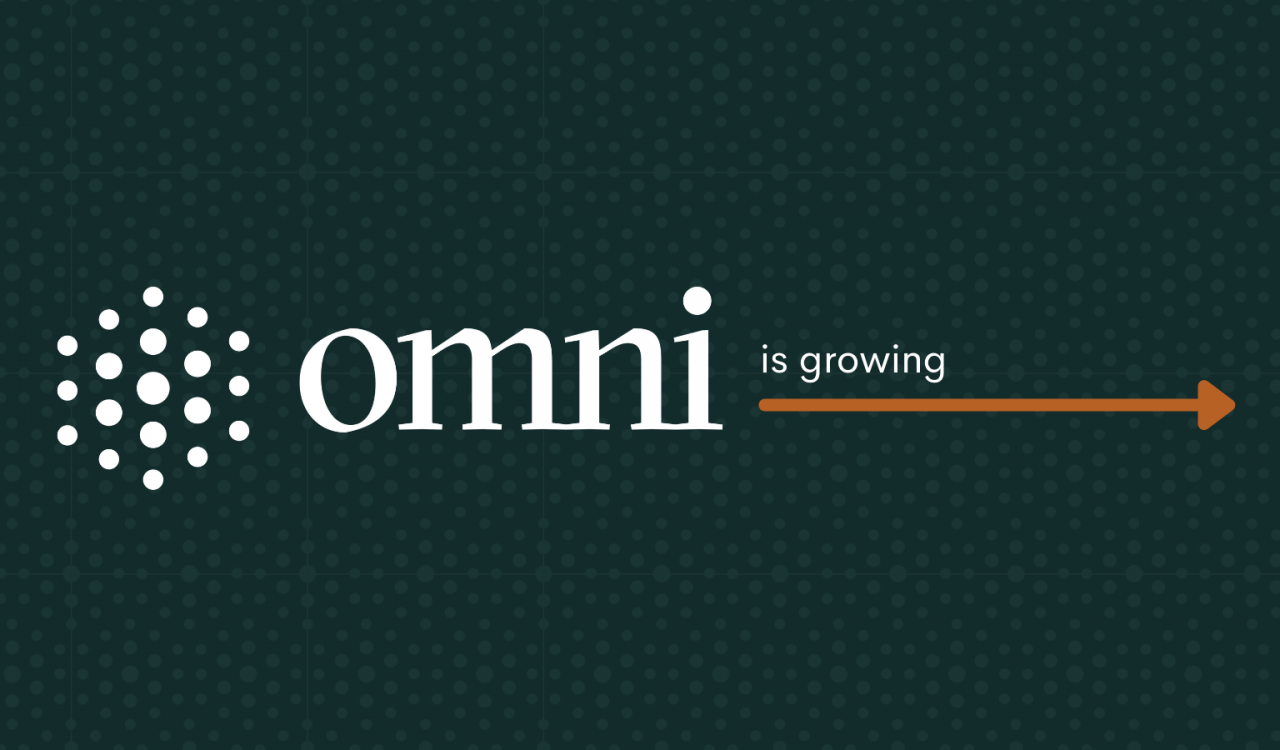 White letters that read ‘omni is growing’ are set on a dark green patterned background. A white icon made of several dots arranged in a hexagon shape is located to the left of the text. An orange horizontal arrow under the words ‘is growing’ points to the right.