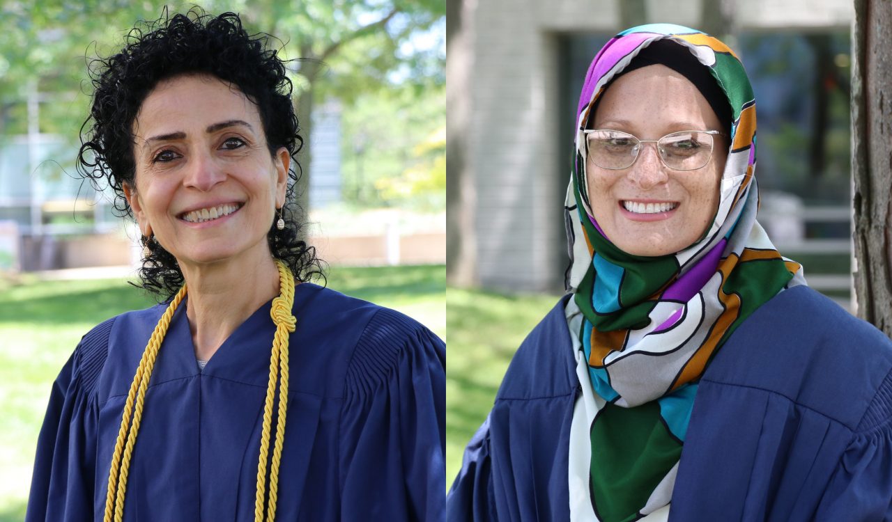 A split-screen image of two women, each in graduation gowns.