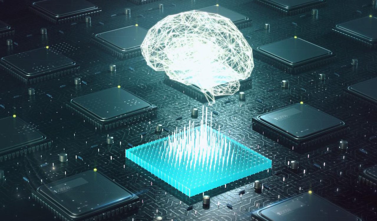 Digital data is represented as a brain’s neural network over a graphic of a microchip.