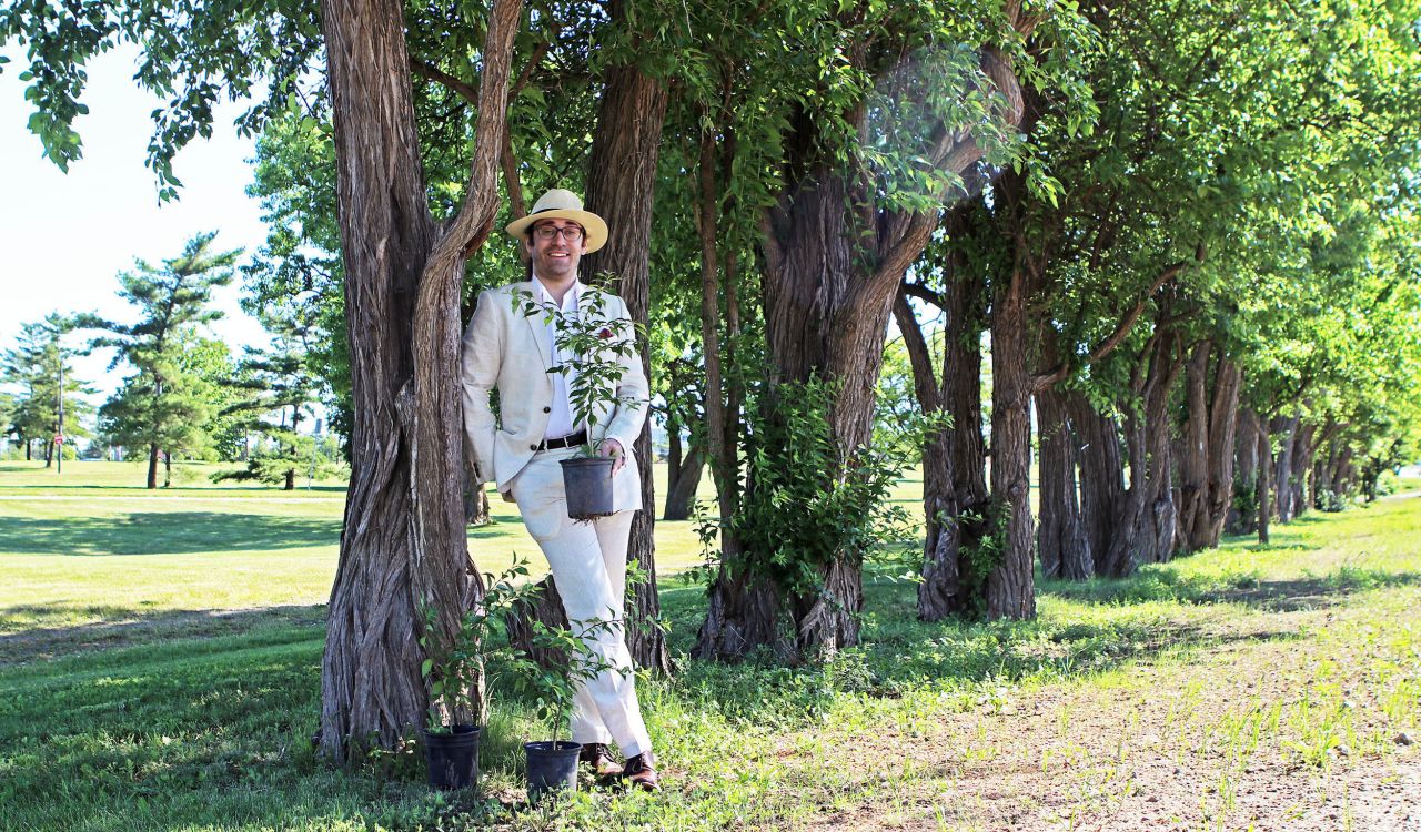 A man dressed in a cream-coloured linen suit and tan sunhat leans against a tall tree. The tree is one of several standing next to each other in straight line, their leaves shading the man from the bright summer sun. He is holding a pot containing a young tree of the same breed as the large trees, two additional potted trees on the grass at his feet.