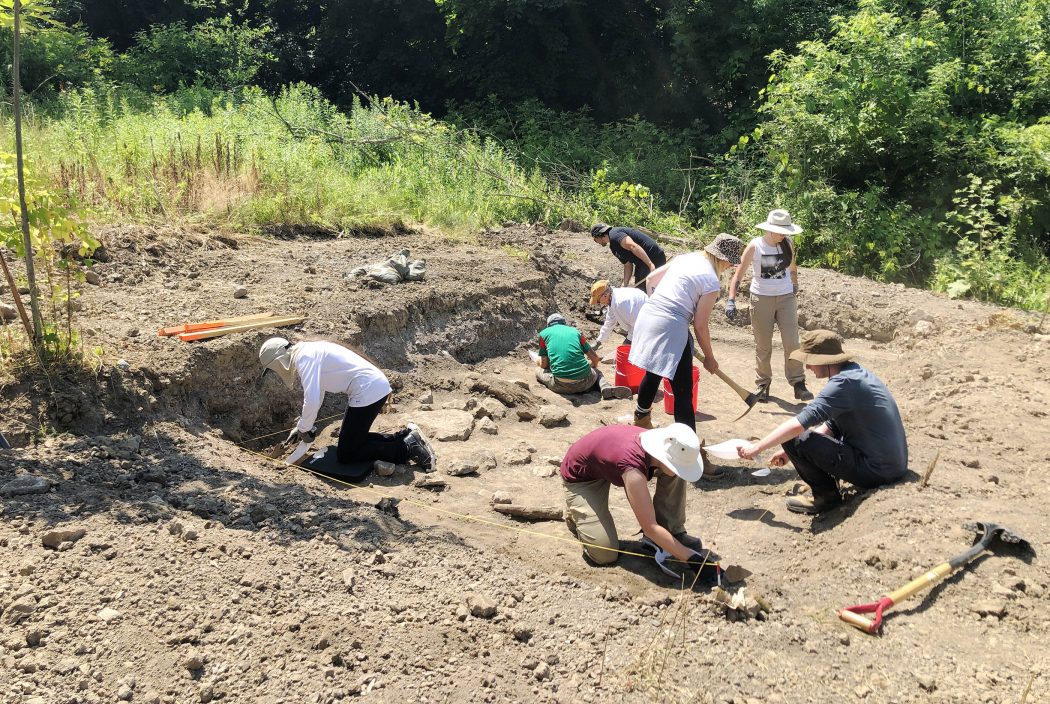 A group of people using a variety of tools dig in a patch of dirt as part of an archaeological dig.