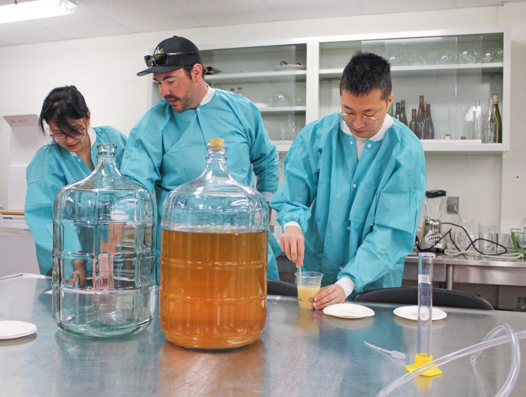 Three people with blue lab coats on working in a lab setting with a large glass contained filled with an amber-coloured liquid inside.