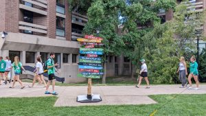 A group of Saskatchewan athletes walk past a multicoloured wooden way-finding signpost (centred) indicating the direction and distance between provincial and territorial capitals to the Canada Summer Games Athletes Village located at Brock University.