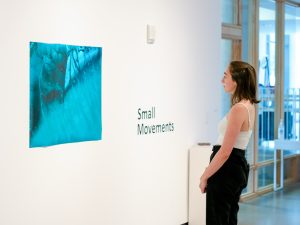 A woman stands looking at a blue photograph on a white wall.