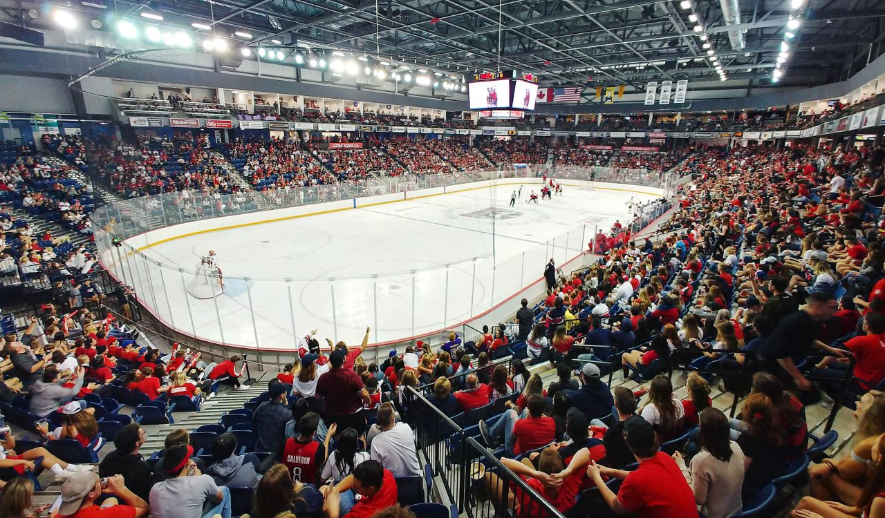 A hockey arena filled with fans.