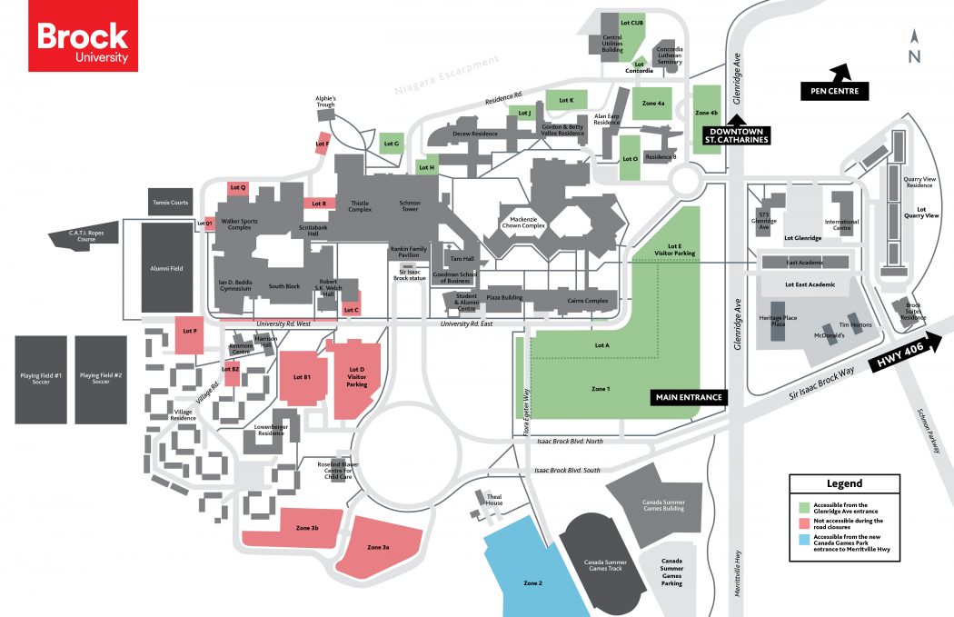 A building and parking schematic of Brock University’s campus.
