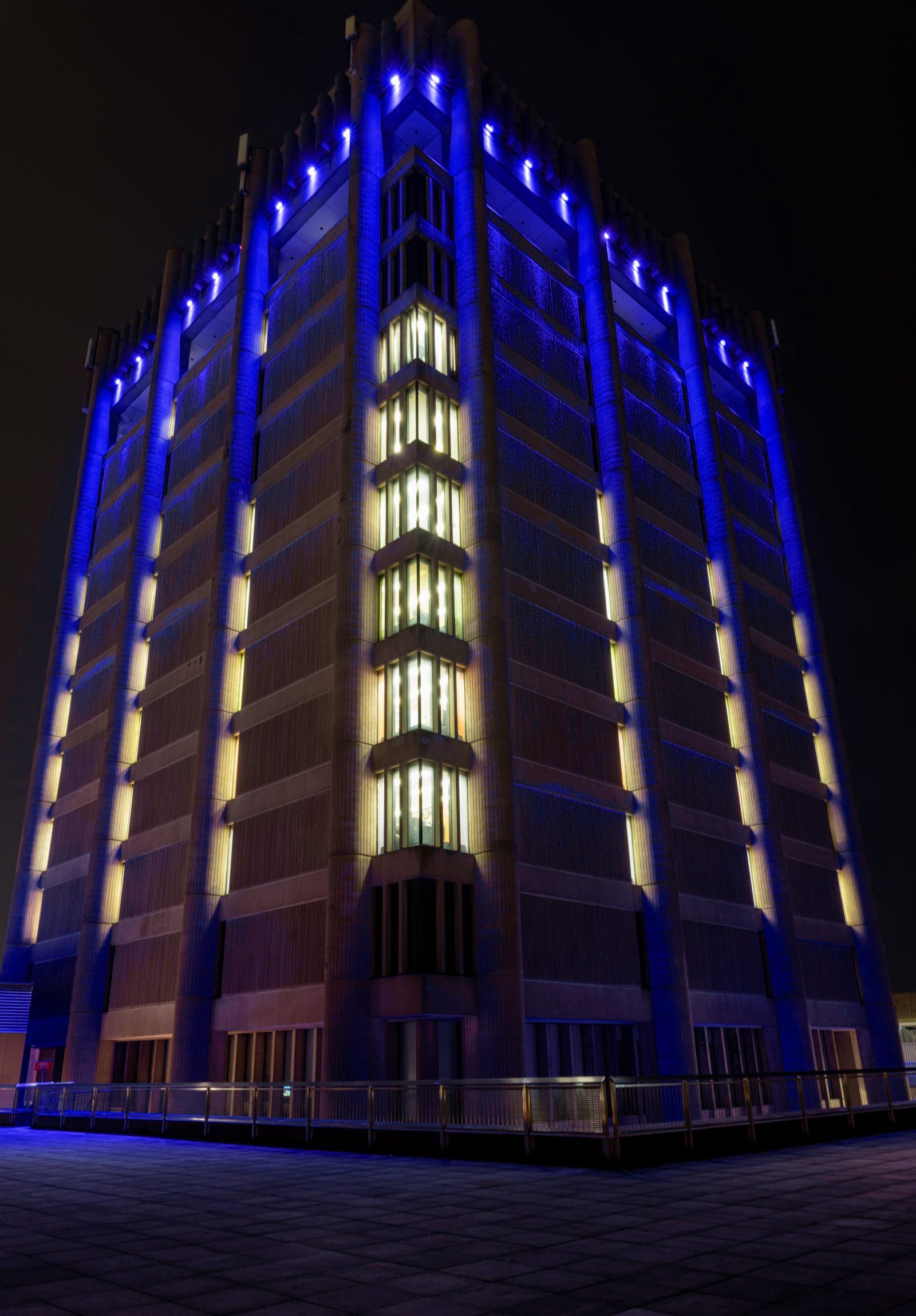 Brock University’s Arthur Schmon Tower lit in blue LED lights.