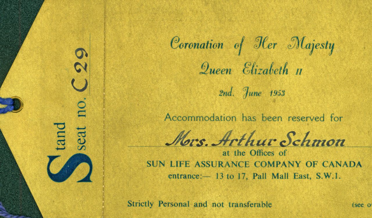 An aged ticked to Queen Elizabeth II's coronation to Mrs. Arthur Schmon.