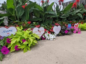 Paper hearts with messages of remembrance sit in a flower garden.