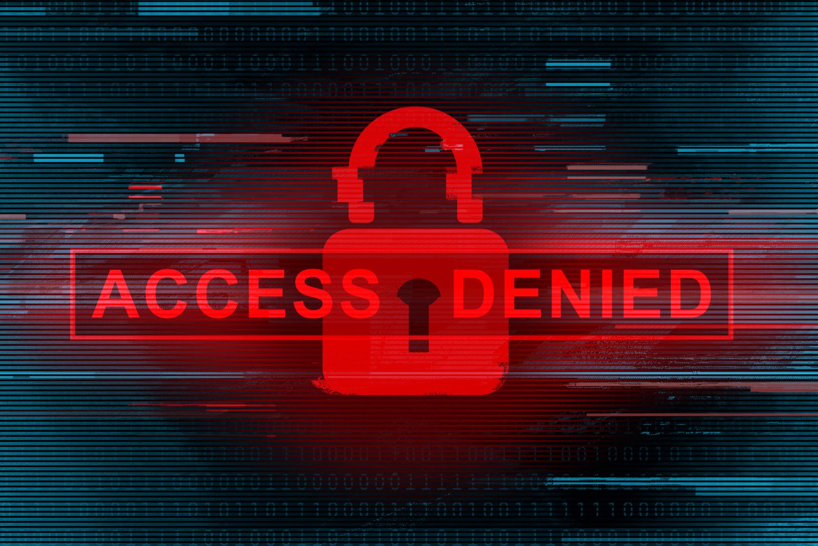 An illustrated image of a red lock with the words 'ACCESS DENIED' written over top. The background appears to be a glitching computer screen.