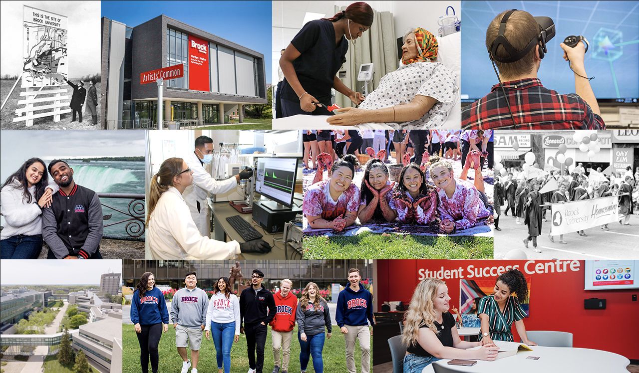 A collage of images showing a variety of buildings and people associated with Brock University.