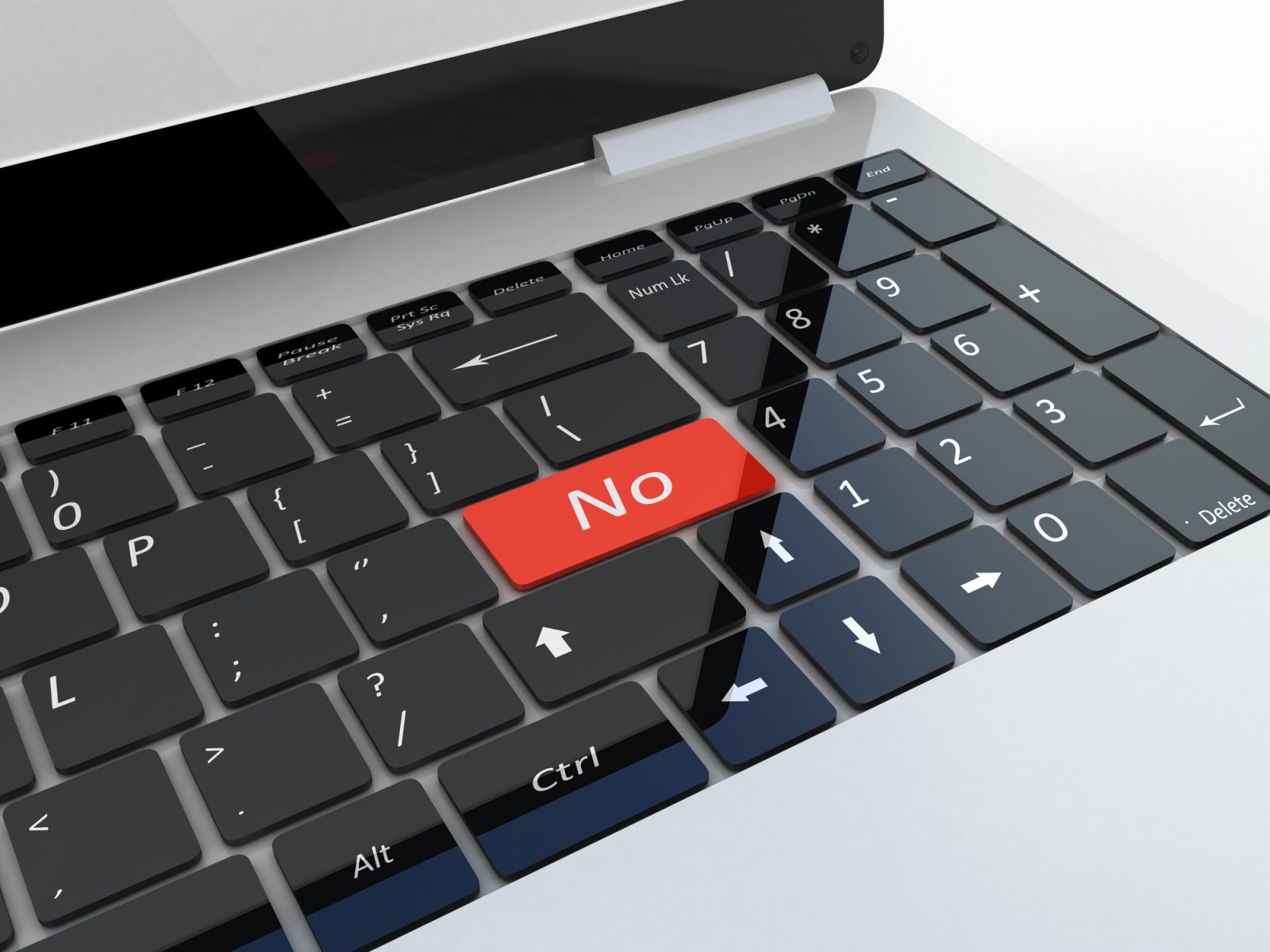 Close up image of a laptop keyboard with a red 'no' key