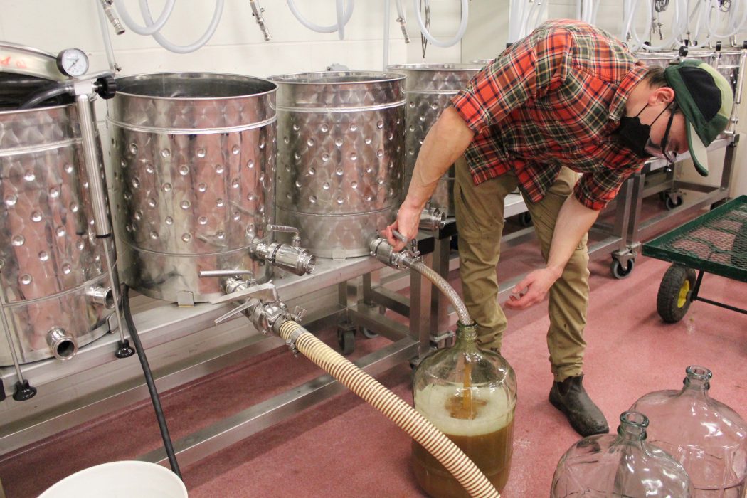 A man fills a carboy with white grape juice.