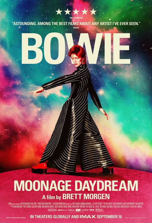 movie poster for Moonage Daydream shows David Bowie in black and white jumpsuit on a red planet with a multi-coloured celestial backdrop