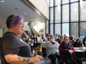 Brock’s Vice-Provost, Indigenous Engagement Robyn Bourgeois speaks to a room of participants at the Decolonizing our Campus event.