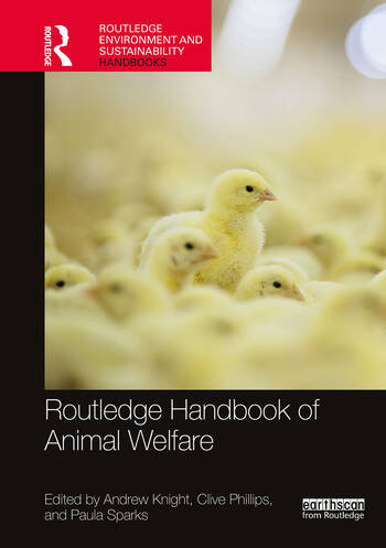 book cover for The Routledge Handbook of Animal Welfare features several yellow chicks