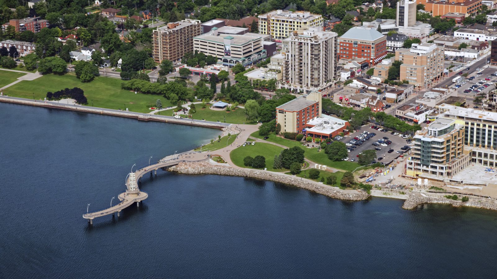 An aerial view of the City of Burlington overlooking the waterway.