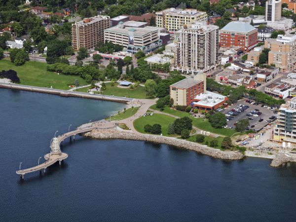 An aerial view of the City of Burlington overlooking the waterway.