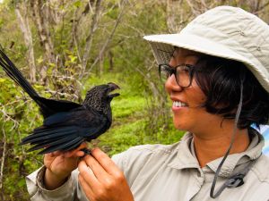 Assistant Professor Kiyoko Gotanda holds a black bird. She wears a bucket hat and is surrounded by green vegetation on the Galapagos Islands.