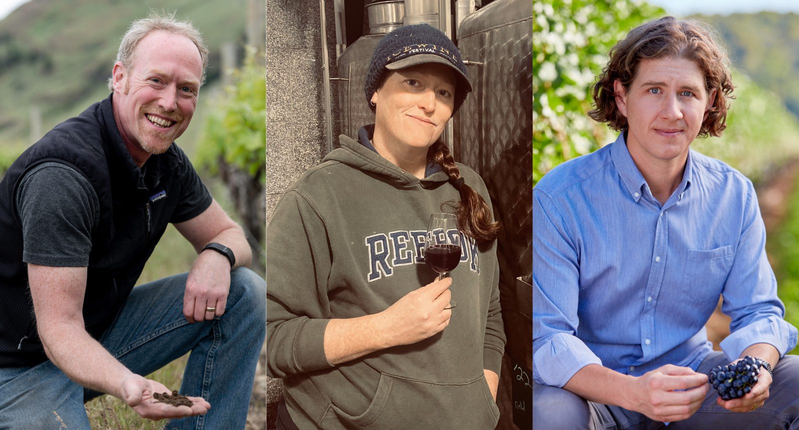 A collage of three images of Brock Oenology and Viticulture graduates Barclay Robinson, Kim Gorman and Gabriel Demarco.