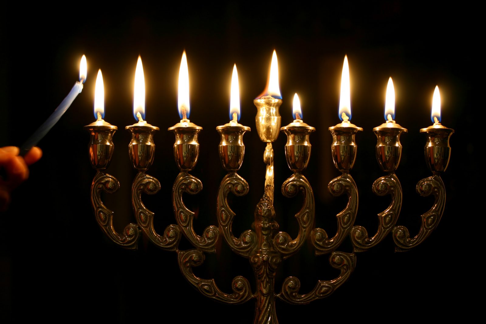 The nine wicks of a gold menorah burn brightly against a black backdrop.